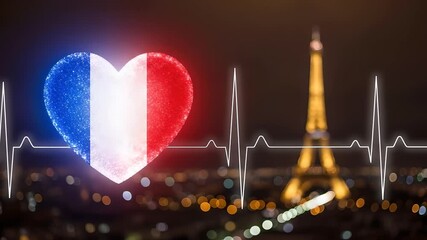 Paris night lights with glowing Eiffel Tower, heartbeat pulse, and France flag heart. Use for national pride, travel, tourism, medicine, healthcare, patriotism, love themes.