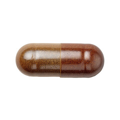 Close-up of a brown capsule, likely a dietary supplement, split lengthwise to reveal its contents.  The capsule is smooth and glossy, with a light amber/brown exterior.  