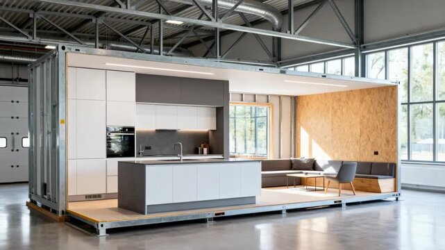 Medium shot highlighting an integrated modular unit combining kitchen and living space components emphasizing efficient prefab construction.