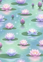 Serene water lily pond, pastel reflections, floating blossoms pattern