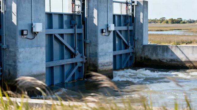 Dynamic floodgate operation in a delta environment highlighting integration of intelligent sensors and automated barriers to prevent flooding in expansive wetland areas.