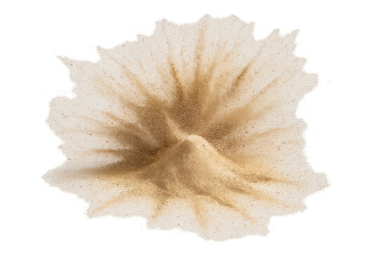 Sand or powder creating a splash effect with a rising heap, brown dust cloud exploding on transparent background