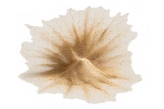 Sand or powder creating a splash effect with a rising heap, brown dust cloud exploding on transparent background