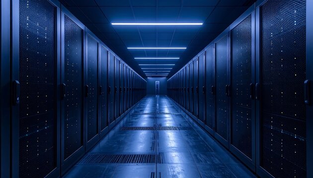 Long, narrow server room with blue light and rows of servers stretching into the distance