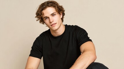 A stylish young man sits casually showcasing a confident smile and relaxed demeanor while dressed in a simple black top.