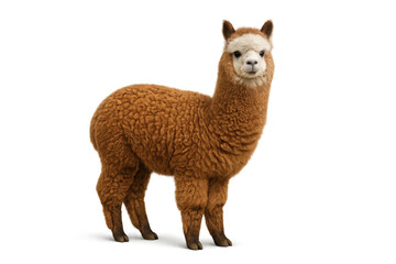 Obraz premium Brown alpaca standing, cute fluffy mammal with soft wool, isolated on transparent background, livestock animal