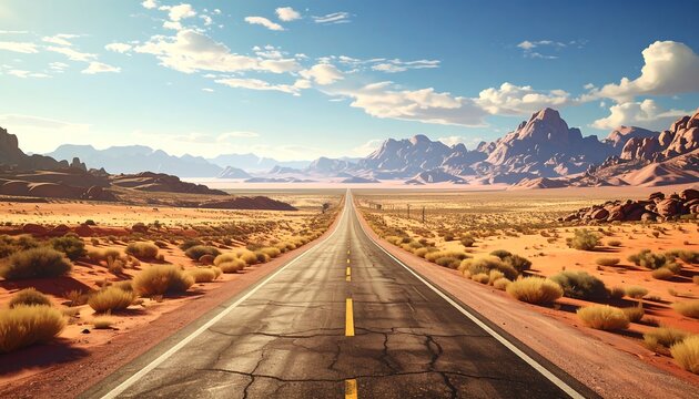 Long road stretches through desert with distant mountains under a bright sky with wispy clouds - Powered by Adobe