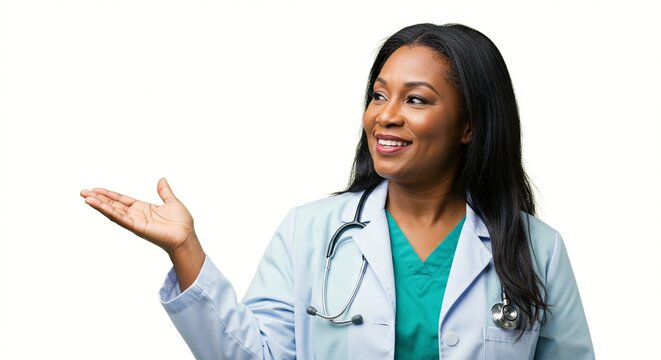 Smiling doctor in lab coat presenting with an open hand, offering medical expertise and care. - Powered by Adobe