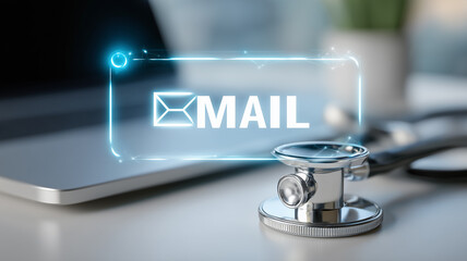 Stethoscope next to laptop with email icon, illustrating secure patient communication, telemedicine workflow, and healthcare coordination.

