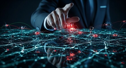 A businessman interacts with a glowing network of interconnected nodes, possibly representing data or a complex system.
