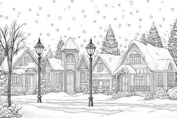 Obraz premium A peaceful winter scene shows a row of cozy houses with sloped roofs and intricate details. Snow covers the ground and trees, while snowflakes gently fall from the sky, creating a serene atmosphere.