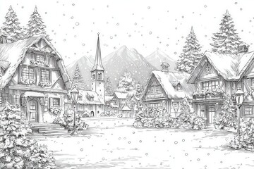 Obraz premium A quaint winter village displays snow-covered houses with a church steeple. Pine trees line the street as snow gently falls, creating a peaceful and serene atmosphere in the mountains.