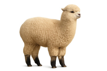 Obraz premium Cute baby alpaca standing on a transparent background, furry livestock animal with soft wool looking right