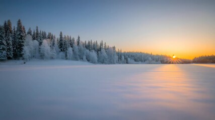 Golden sunrise over frosted winter wonderland with snow covered lake and trees shimmering