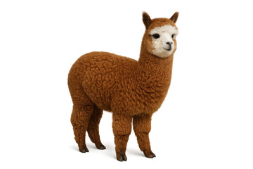 Obraz premium Cute brown alpaca standing, looking forward with white face, domestic mammal, soft wool, transparent background