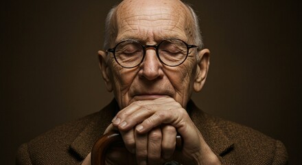 Thoughtful elderly man with closed eyes rests his hands on a walking stick in contemplation.