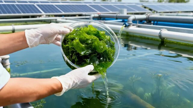 Close medium shot of hands collecting fresh algae samples in a water farm designed for sustainable biofuel extraction.