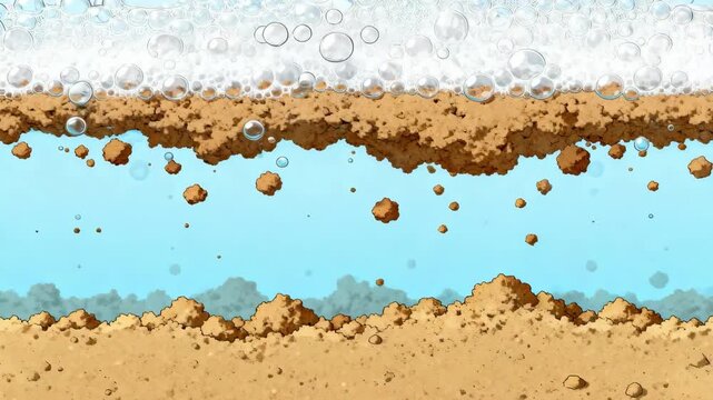 Closer view of flotation thickening process with air bubbles lifting solids to surface forming concentrated sludge layer.