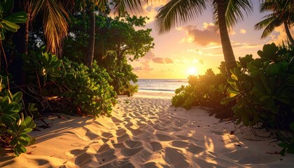 Path through lush green foliage leads to a serene beach at golden hour with a lone palm tree silhouetted against the vibrant sunset sky and calm ocean waves reflecting the warm light.