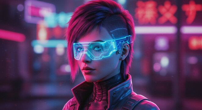A futuristic woman stands against a cityscape background, illuminated by vibrant neon lights.