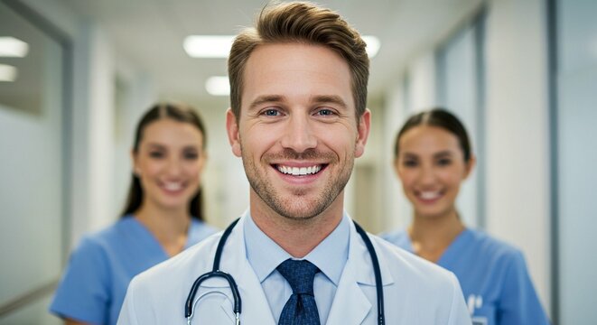 A smiling doctor, exuding confidence and care, stands alongside his dedicated medical team.