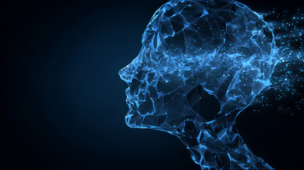 Abstract human head consists of connected dots, lines, and polygons flows into the wires of a circuit. The silhouette of a cyborg in low poly blue. AI face concept. Artificial Intelligence background.