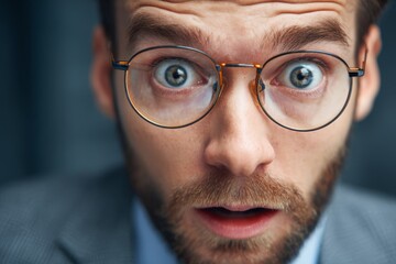 Businessman widening his eyes in sudden shock, reacting dramatically to unexpected news.