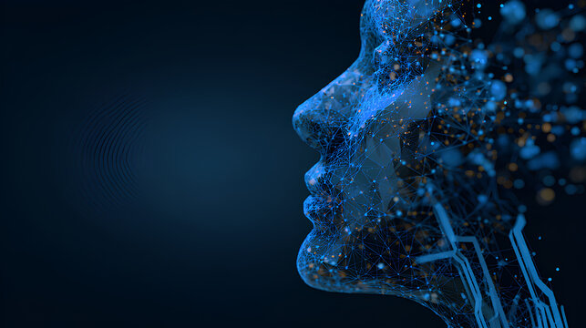 Abstract human head consists of connected dots, lines, and polygons flows into the wires of a circuit. The silhouette of a cyborg in low poly blue. AI face concept. Artificial Intelligence background.