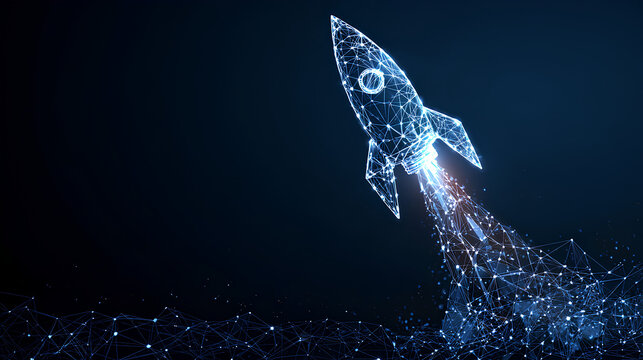 Abstract polygonal launch rocket with AI chip. Artificial Intelligence innovation and boosting concept. Machine learning spaceship. Digital technology dark blue background. Vector wireframe tech bg.