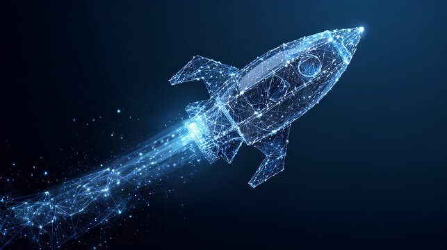 Abstract polygonal launch rocket with AI chip. Artificial Intelligence innovation and boosting concept. Machine learning spaceship. Digital technology dark blue background. Vector wireframe tech bg.