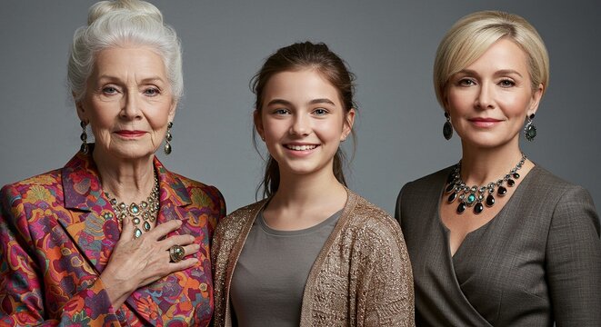 Three generations of women stand together, portraying family bonds and connections between ages.