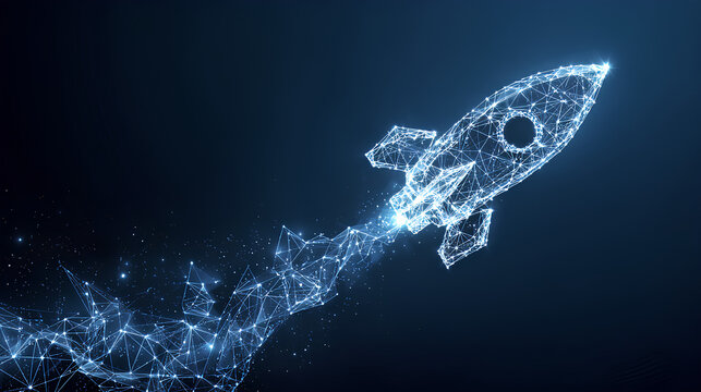 Abstract polygonal launch rocket with AI chip. Artificial Intelligence innovation and boosting concept. Machine learning spaceship. Digital technology dark blue background. Vector wireframe tech bg. - Powered by Adobe
