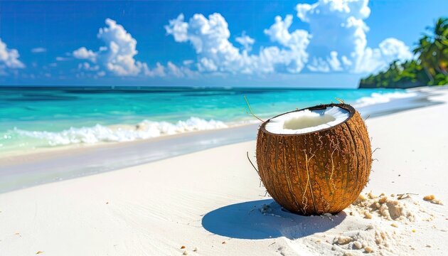A whole coconut sits on a white sand beach next to turquoise ocean water under a bright blue sky with fluffy clouds and palm trees lining the shore