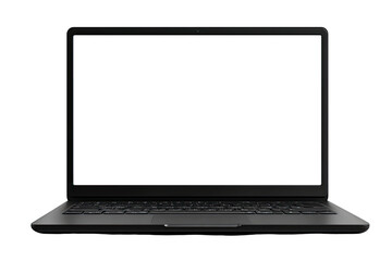 Front view of a modern, matte-black laptop with a blank white screen