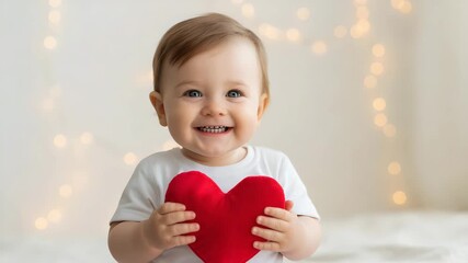 Adorable baby gleefully holds a plush red heart, radiating pure joy and innocence.