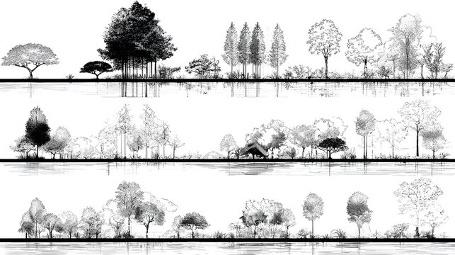 Architectural Drawings, Minimal style cad tree line drawing, Side view, set of section wetland forest outline for landscape design drawing. Vector illustration in seperate element Stock Vector