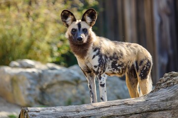 A beautiful wild canid, often called a painted dog, stands alert on a textured log. Its distinctive multi-colored fur pattern and large, expressive ears are highlighted against a soft natural backgrou