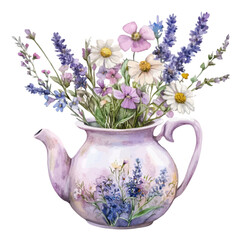 Watercolor Teapot with Wildflowers, Lavender, and Daisies, Vector Illustration

