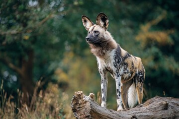 A magnificent African wild dog, a captivating wild canine, stands attentively on a weathered fallen log in a natural environment. Its strikingly unique coat, a mosaic of brown, black, white, and tan p