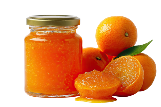 Orange marmalade in a glass jar, surrounded by fresh oranges (2)