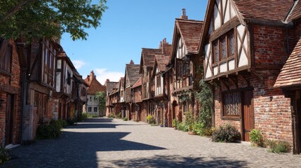 Picturesque street showcases historic timber framed homes and blooming flowers in the sunlight.