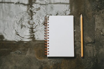 A pristine, blank spiral-bound notebook rests beside a simple wooden pencil on a dark, wet concrete surface. Rippling water from droplets creates a dynamic texture on the left, contrasting with the sm