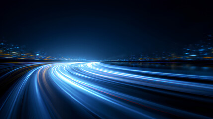 blur effect and laser beam with glowing blue line streak on night background, as each curve creates a long speed line and the final flash reveals the last line. Stock Illustration