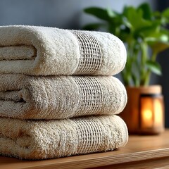 Stacked bamboo towels with natural bathroom decor high resolution picture