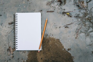 A clean, blank spiral-bound notebook with ample copy space and a simple wooden pencil with an eraser rest gently on a wet, muddy ground. The earthy surface is scattered with natural elements like fall