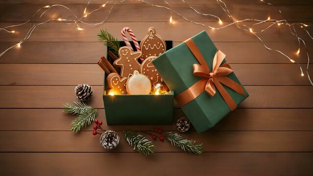 Cozy Christmas gift box with gingerbread cookies, pine branches, and warm festive lighting on wood.