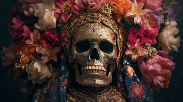 La Santa Muerte. Mexican Skull adorned with flowers. Calavera Grim Reaper - Altar with Floral sugar skull grim reaper in Mexican City Street.