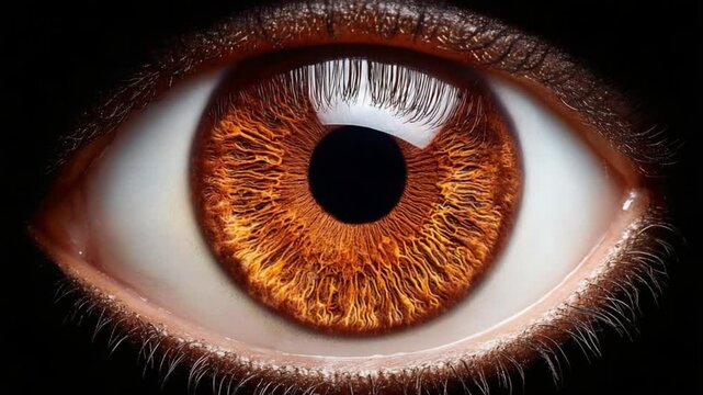 Close-up of a human eye with a brown iris and a reflection of light.