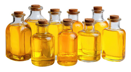 Several glass bottles, filled with a golden liquid, arranged in a row.  Each bottle has a cork stopper