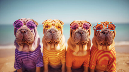 Four dogs wearing colorful sunglasses stand on a sunny beach. The colorful sunglasses and striped shirts set a fun beach vibe.